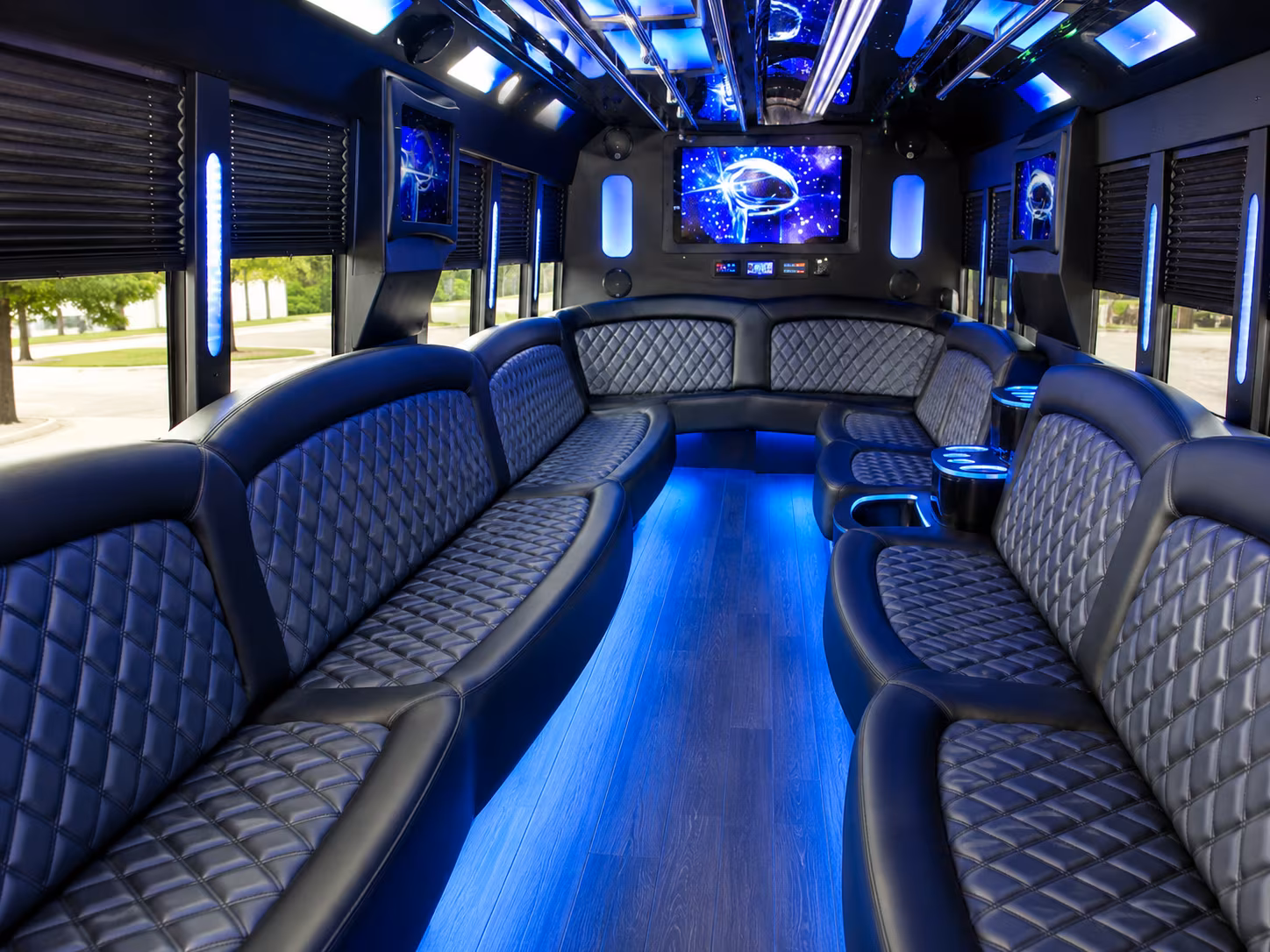 Passenger seating aboard a party bus rental serving Birmingham